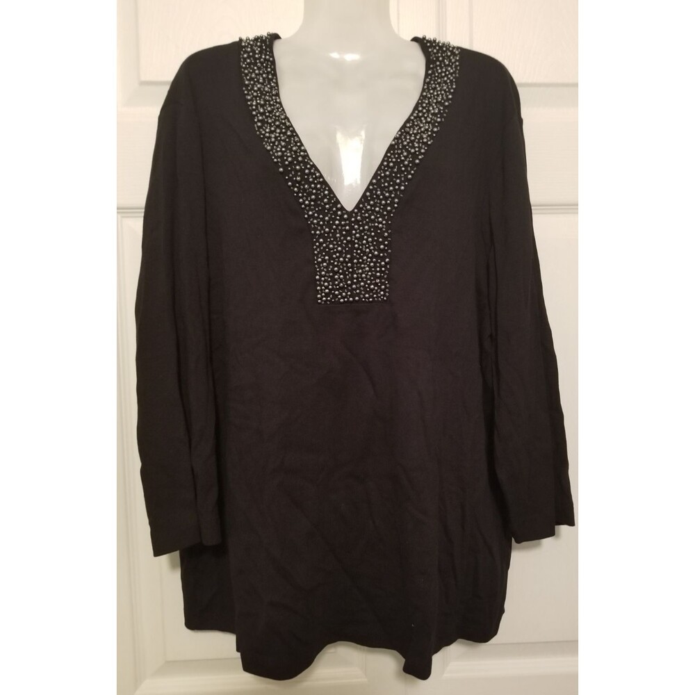 Rafaella Women's Top Shirt Black Size 2X Beaded Embellished V-Neck 3/4 Stretch
